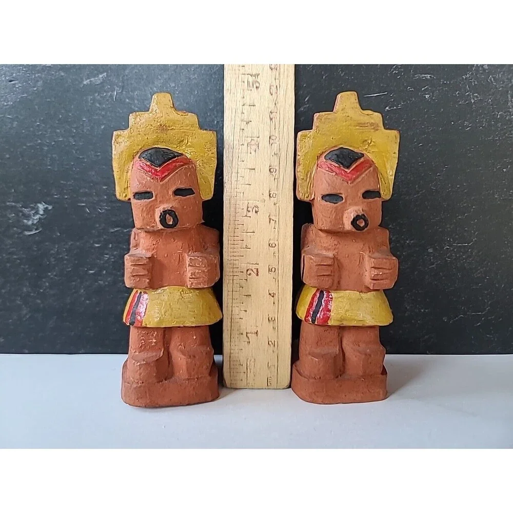 Vintage Clay Totem Style Salt And Pepper Shakers, READ